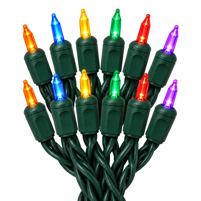 50 Light T5 Mini LED Sealed Bulb Classic Multi 6″ Spacing Green Cords
