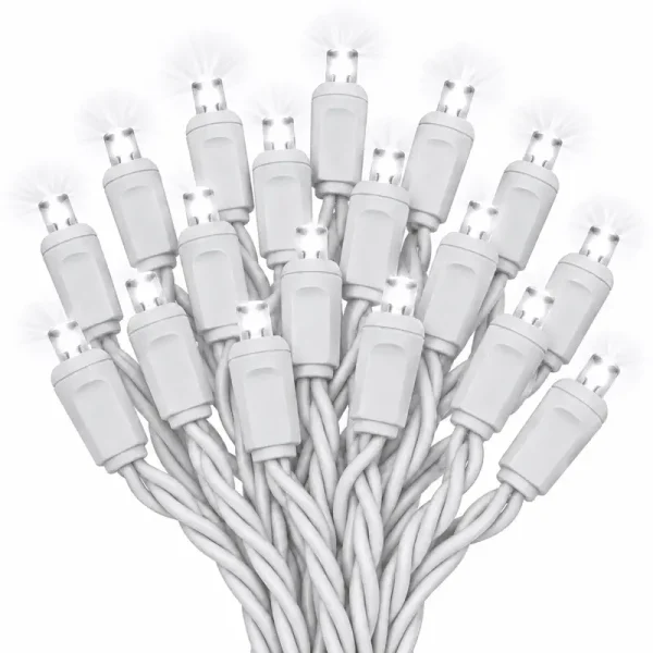 50 Light LED Set with 5MM Wide Angle Lens and White Cord, 6-inch Spacing