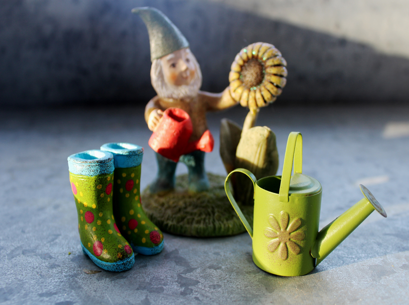 Garden Gnome with Garden Accessories